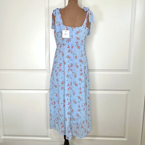 Light Blue Floral Tie Shoulder Slit Midi Dress - NEW - Picture 3 of 16